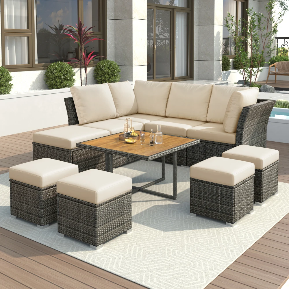 

Garden Furniture Sets Patio Furniture Set,10 Piece Outdoor Conversation Set,CoffeeTable with Ottomans,Solid Wood Coffee Table