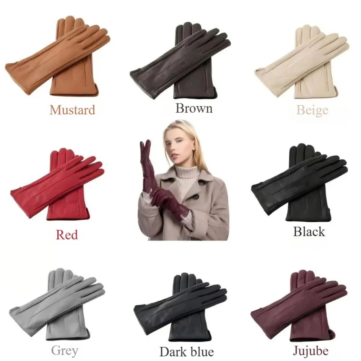 Guantes de piel de oveja para mujer, de buena calidad, cálidos, de terciopelo, cortos, finos, con pantalla táctil, Color de conducción, de cuero