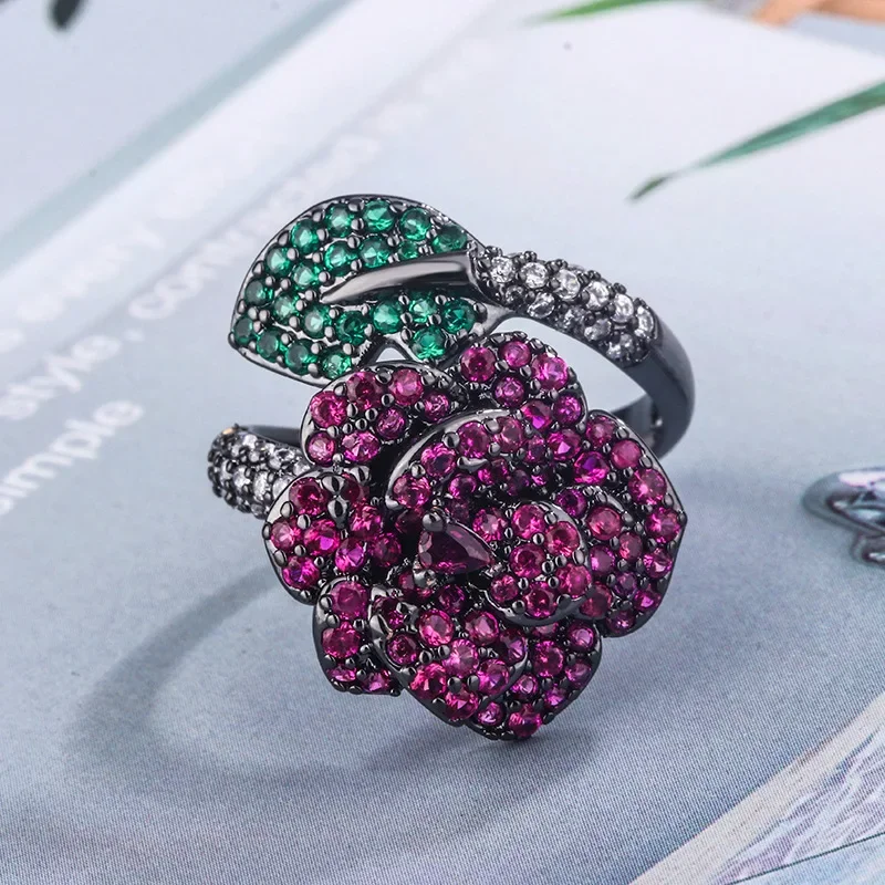 

Adjustable Vintage Rose Flower Black Ring with Pink and Green Crystals Fashion Prom Jewelry for Women Vintage Inspired Gift