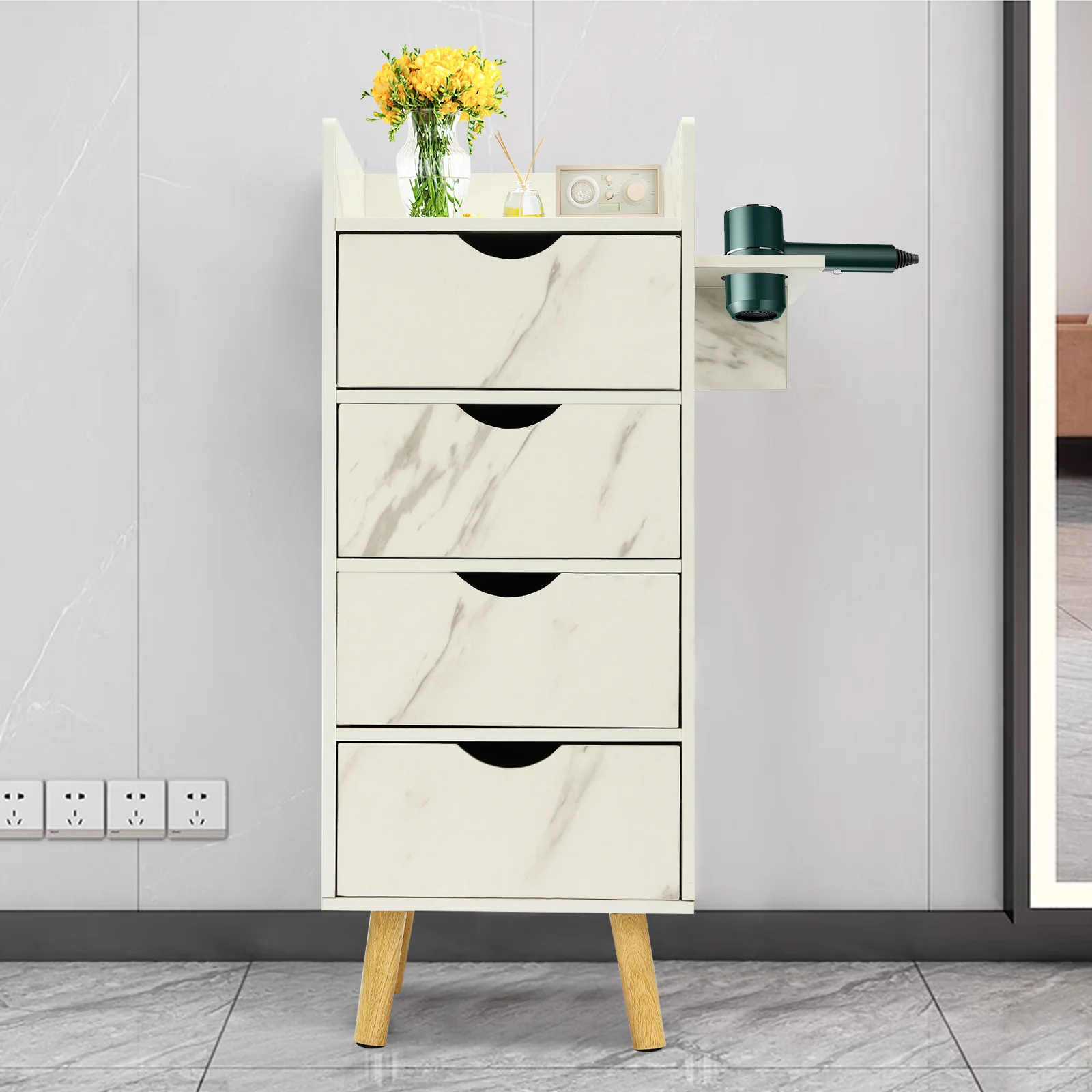 

Salon Storage Cabinet with Hair Dryer Holder Barber Salon Storage Cabinet with 4 Drawers Household Supplies Locker