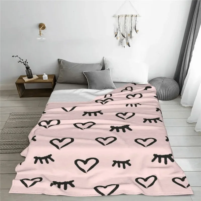 Hearts Closed Eyes Pattern Knitted Blanket Pink Lashes Plush Throw Blankets Airplane Travel Printed Lightweight Bedsprea