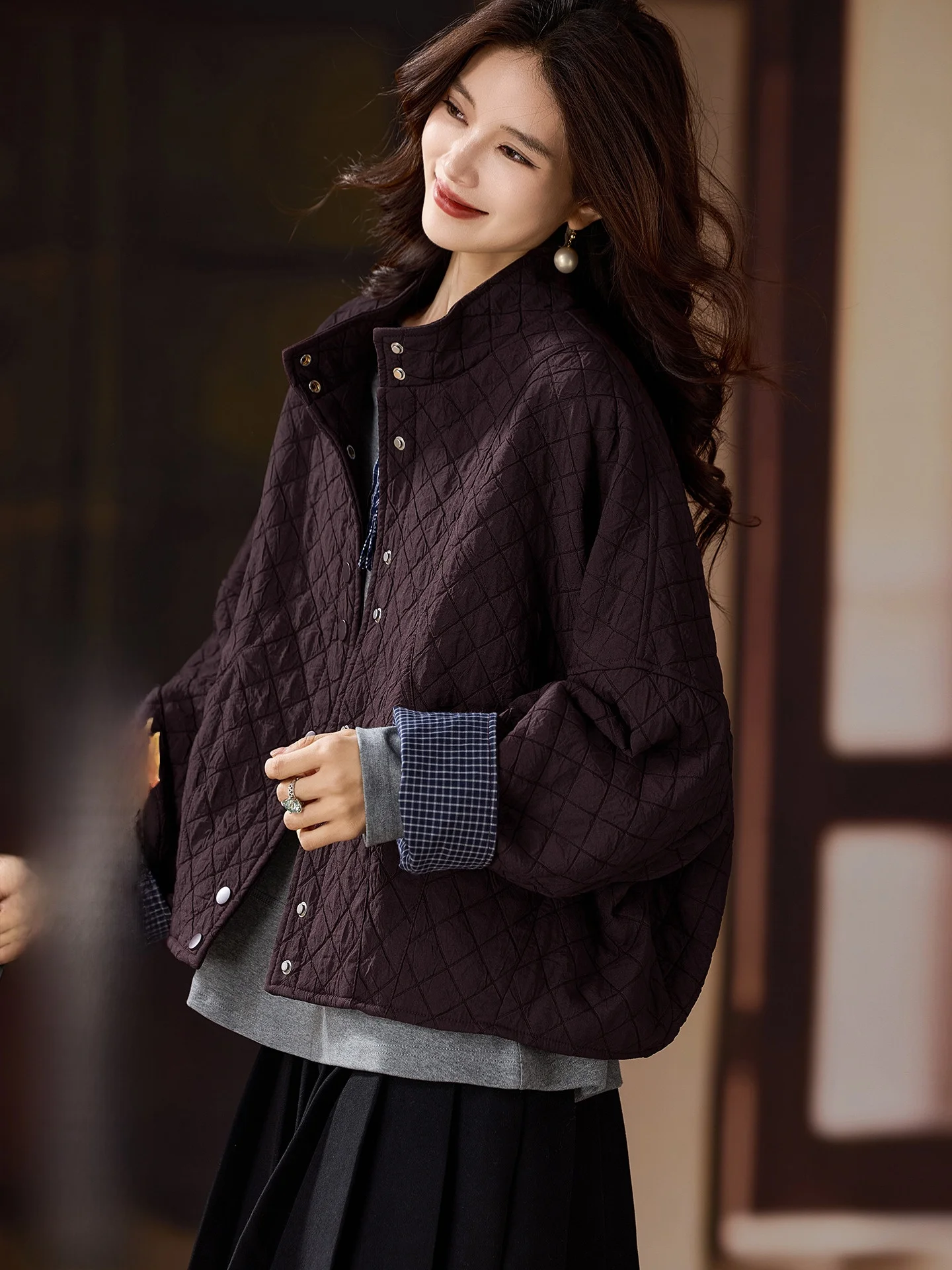 

Loose Women's Plaid Cotton Jaet Street Sle Stand Collar Long Sve Faionable Spring New Arrival Size L XL XXL XXXL