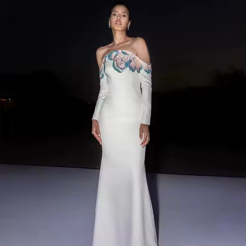 Classic Mermaid Jersey Evening Dress Customized Strapless Long Sleeves Celebrity Gowns Exquisite Beading Zipper Back Prom Dress