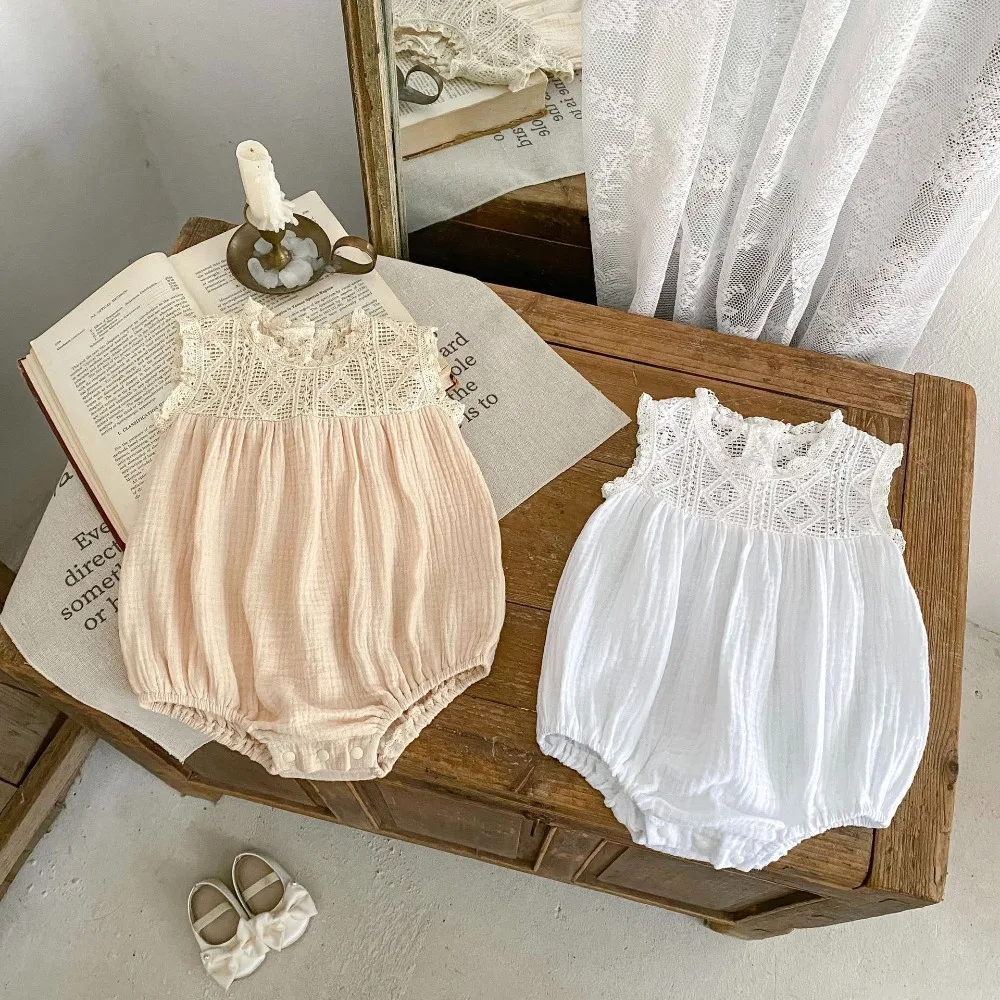 2025 Summer Baby Girl Romper 0-2Years Cute Newborn Solid Color Sleeveless Lace Cotton Bodysuit Playsuit Outfits Casual Clothes