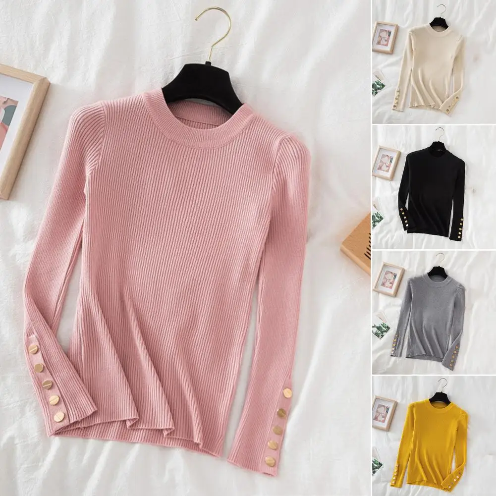 Knitted O Neck Top Women Round Neck Top Stylish Crew Neck Women's Sweater with Long Sleeves Button for Fall for Fashionable