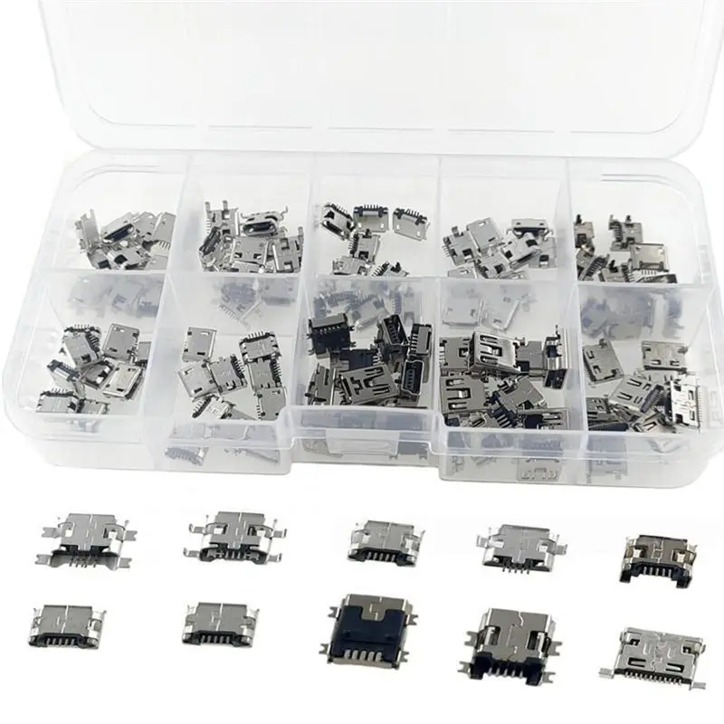 Repair Adapter Set 100PCS 10 Types Replacement Micro USB Female Socket Connectors Port 5Pin Jack Plugs Parts