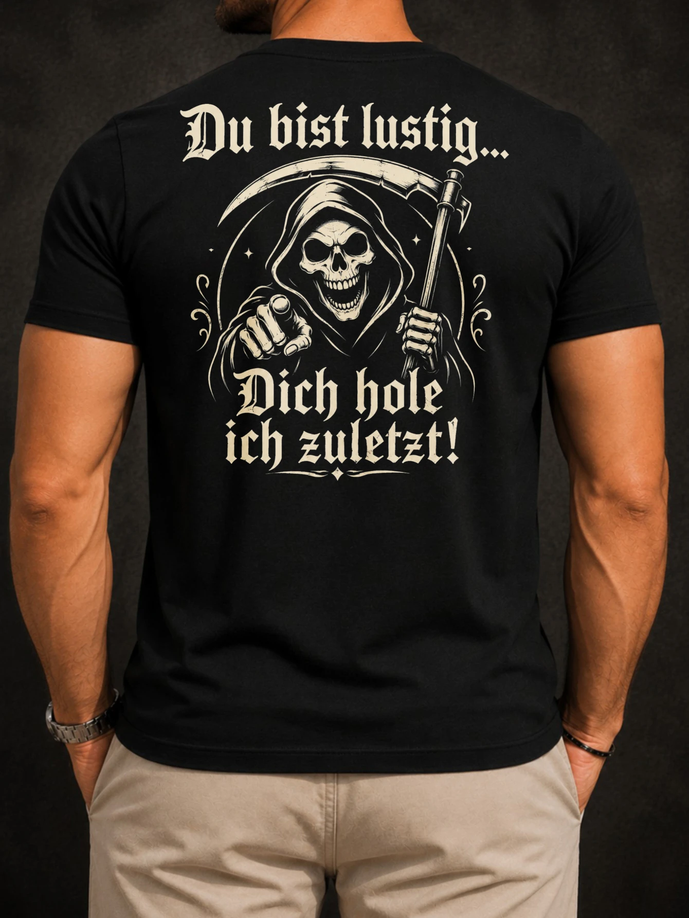 Du bist lustig Dich hole ich zuletzt laughing Grim Reaper scythe  gothic humor bold graphic mes   Unisex All T-Shirt