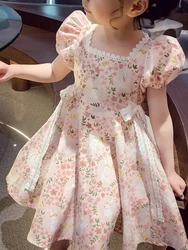 2-14 Years Girls Summer Floral Dress Children Puff Short Sleeve Princess Dresswith Bow Toddler Kids Print Dresses for Girls 6 8