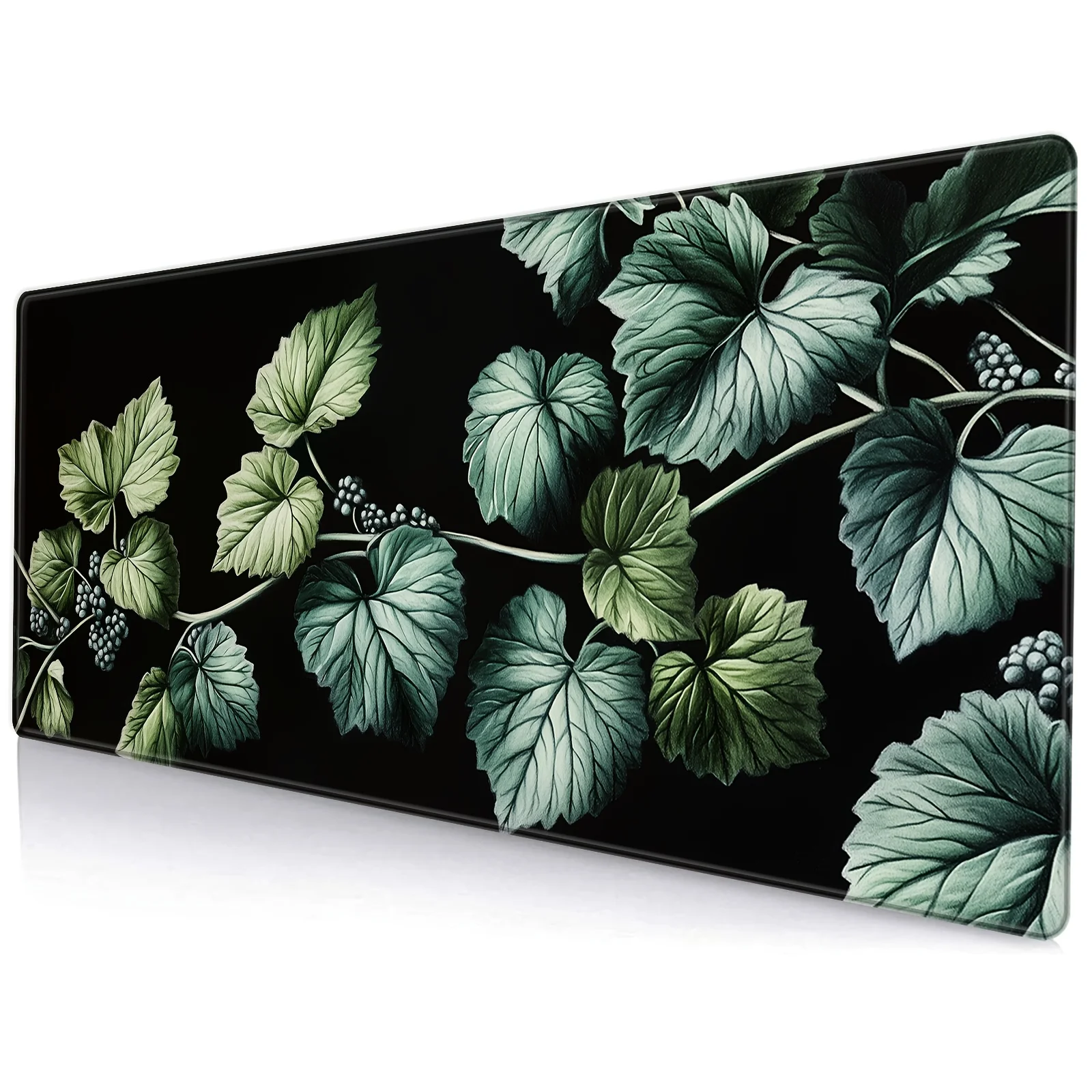 

Большой игровой коврик для мыши с ярким растительным дизайном и нескользящим резиновым основанием — 39,88x89,92 см, черный фон с зелеными листьями и бер