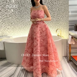 OLOEY Elegant Pink Floral Lace Evening Dress Arabic Modest Spaghetti Straps Wedding Party Dress Formal Prom Gowns Custom Made