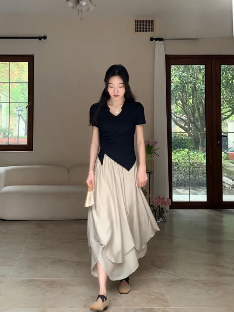 

Новый китайский летний комплект для женщин: текстурный асимметричный топ и двухслойная юбка из ацетата, повседневный модный комплект