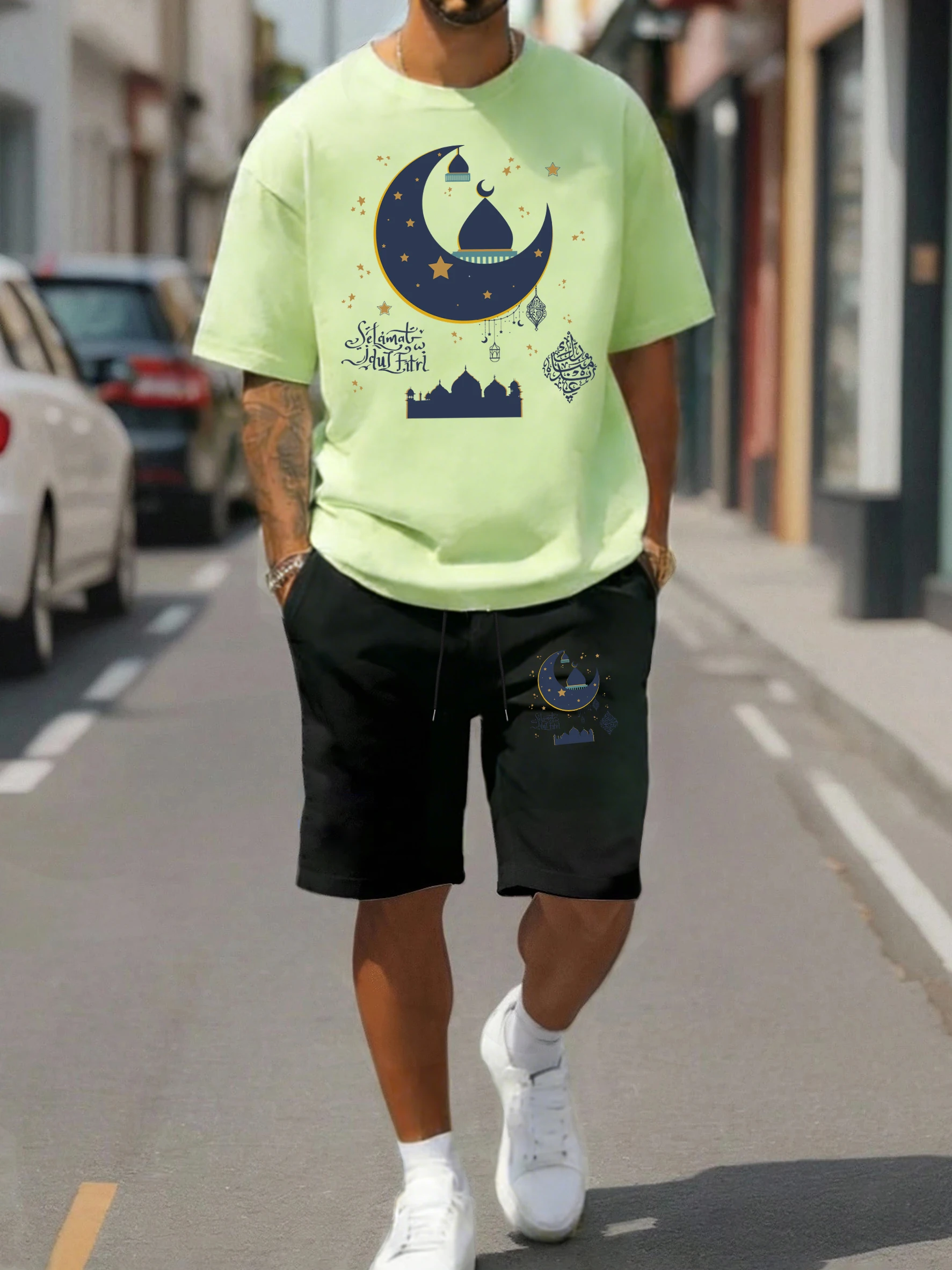 

Selamat Hari Raya Eid Ramadan Print Sportsuit Man Cotton O-Neck Tee Sport Drawstring Shorts Summer Male Loose Short Sleeve