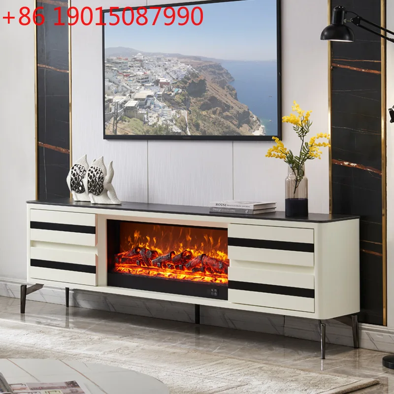 

2-метровый минималистичный белый камин, ТВ-шкаф, декоративный шкаф с имитацией огня из массива дерева, камин из каменной плиты на вилле