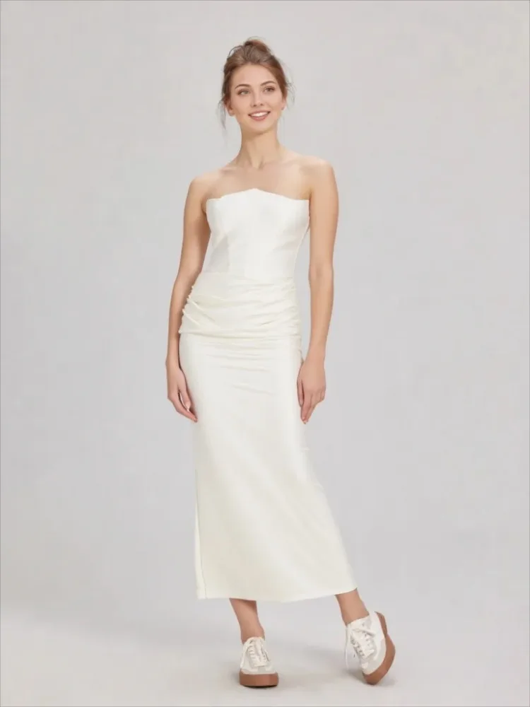 XIAOTANG 피쉬본 섹시 맥시 새틴 드레스 여성용 스트랩리스 슬리브리스 플리츠 롱 드레스 여성 우아한 이브닝 파티 드레스