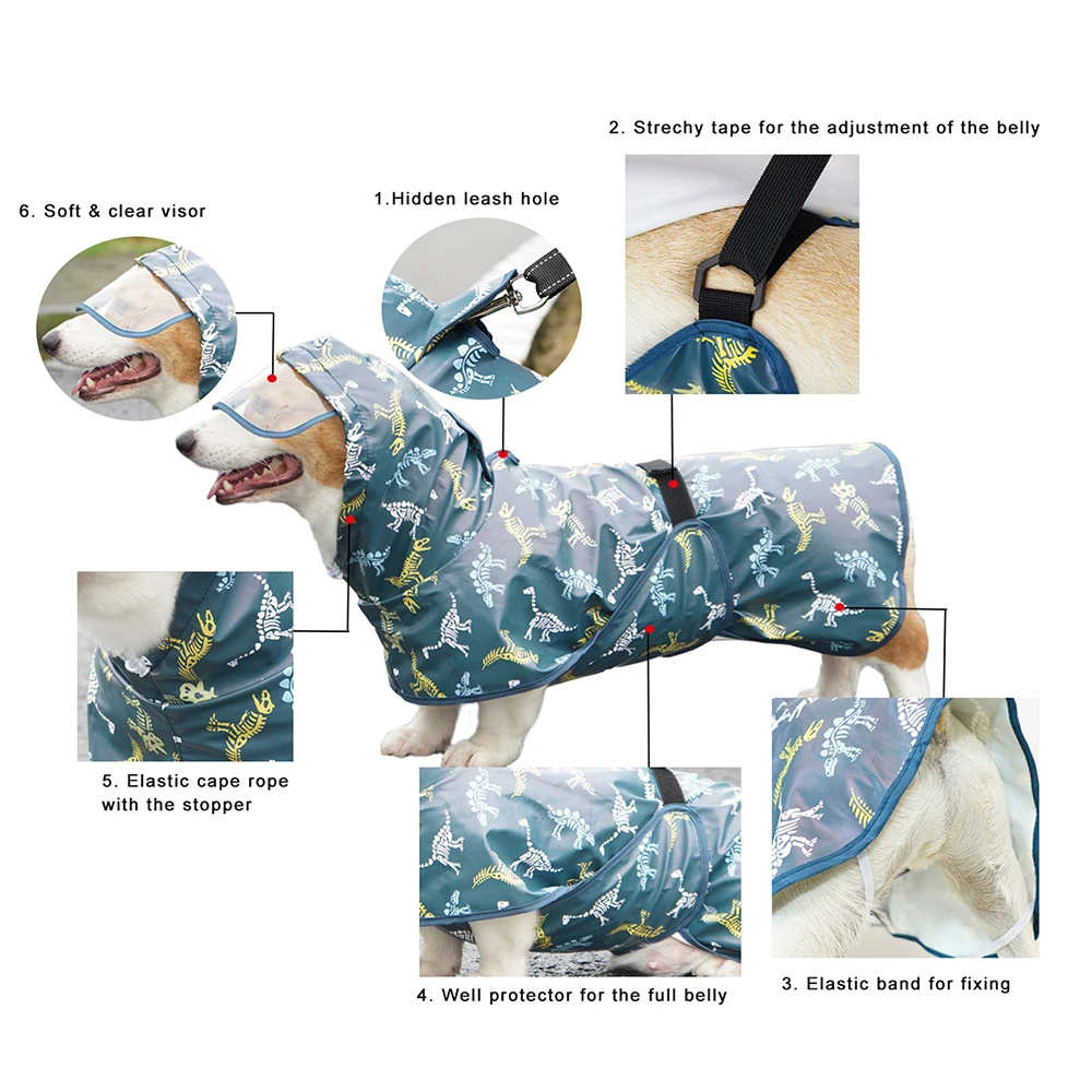 Dinosaur Print French Bulldog Raincoat M to 9XL Pet Dog Outdoor Waterproof Clothes for Small Medium Large Dogs impermeable perro