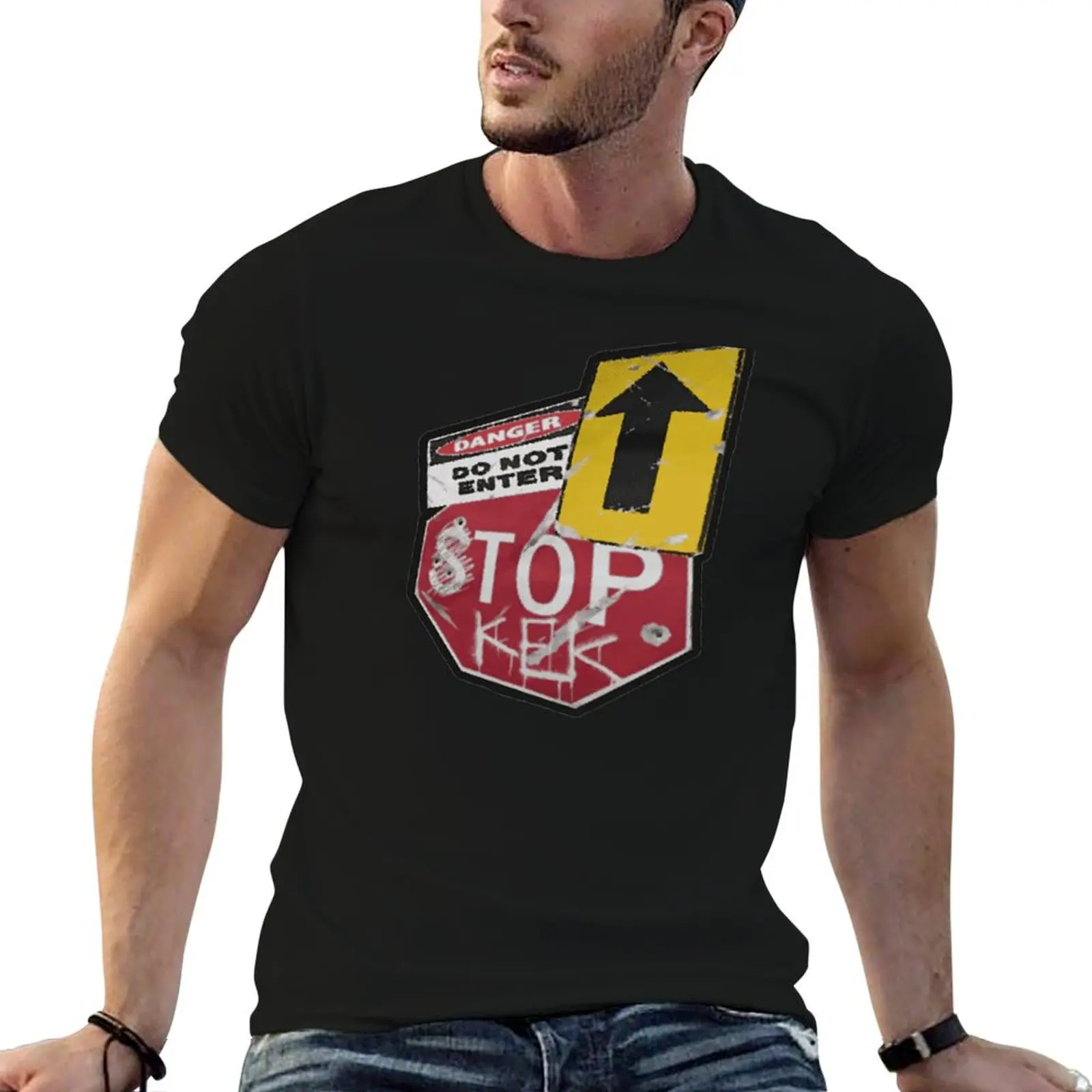 

Rust Stop danger sign T-Shirt cotton t shirts man 100% t shirt man plain T-Shirt