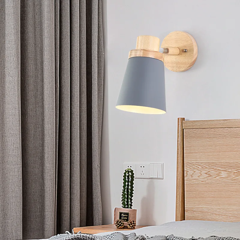 

wooden wall lights bedside E26 E27 wall lamp wall sconce modern 85-285V wall light for bedroom Nordic steering head