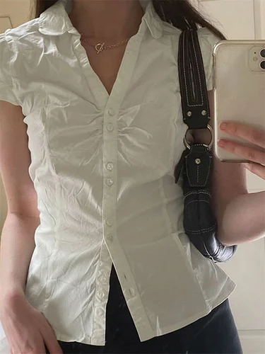 Imagen 2 del producto CHRONSTYLE, camisas con botones para mujer, Tops de manga corta con cuello de solapa, Tops ajustados con lazo en la espalda, camisas de verano Y2K, ropa de calle 2025