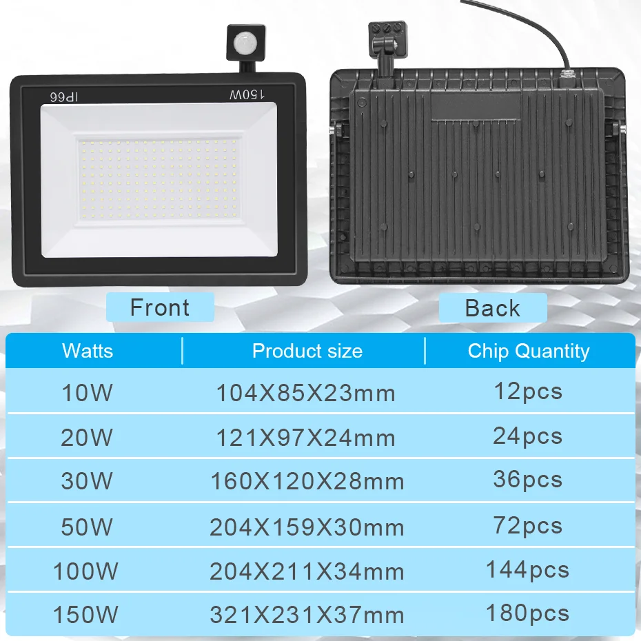 Projecteur LED imperméable avec détecteur de mouvement, éclairage d'extérieur, idéal pour le jardin ou la rue, 150/100/50W, 220V