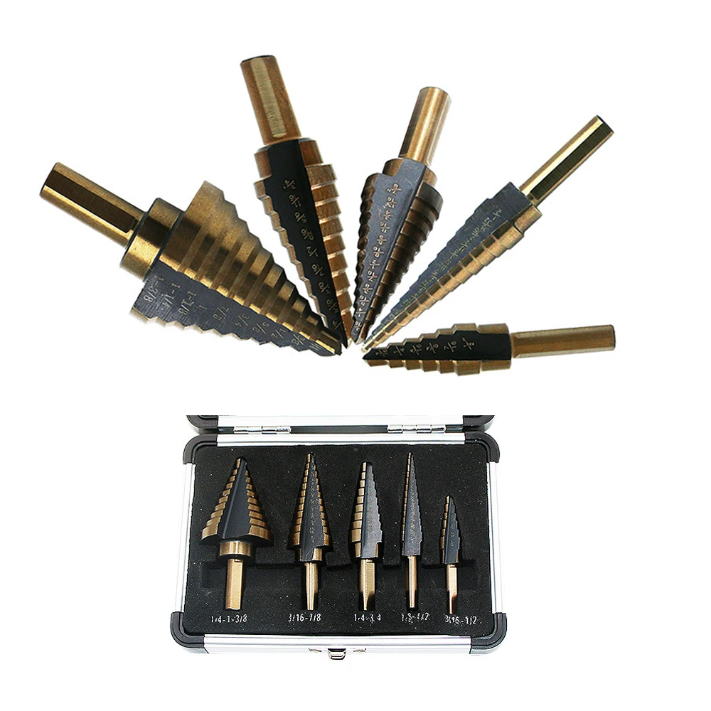 5PCS Imperial Standard Drill Bits HSS Titanium Cobalt Multiple Hole 50 Sizes Step Driller Center Punch for Accurate Locator Tool