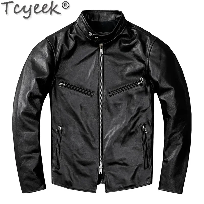 

Tcyeek Stand Collar Genuine Leather Jacket Men Clothes Mens Moto&biker Jackets Spring Autumn Real Cowhide Coat Chic Chaquetas