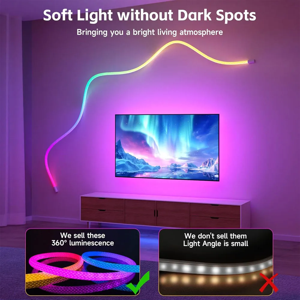 أضواء حبل شبكية مضيئة 360 درجة، 16.4 قدم قابلة للعنونة ICRGB أضواء LED مرنة لتزيين جدران عيد الميلاد