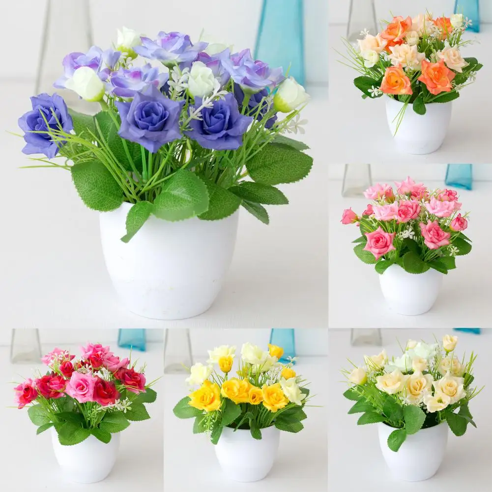 Artificial Flower Pot Imitation Potted Flower Rose Hotel Decoration Plastic Bookshelf Table  for Office