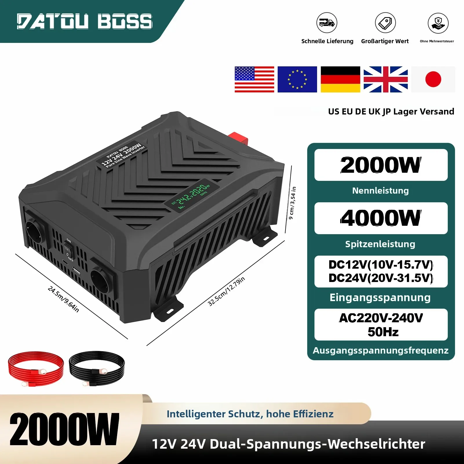 DATOUBOSS 2000W Reiner Sinus-Wechselrichter DC12V-24V Automatische Umschaltung für Wohnmobile und netzunabhängige Solaranlagen, tragbarer Dual-Spannungs-Wechselrichter