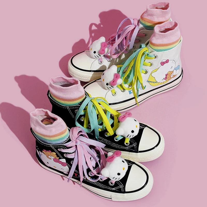 Cartoon Sanrio Hello Kitty high-top canvas shoes children's casual sports shoes cute non-slip versatile women's vulcanized shoes