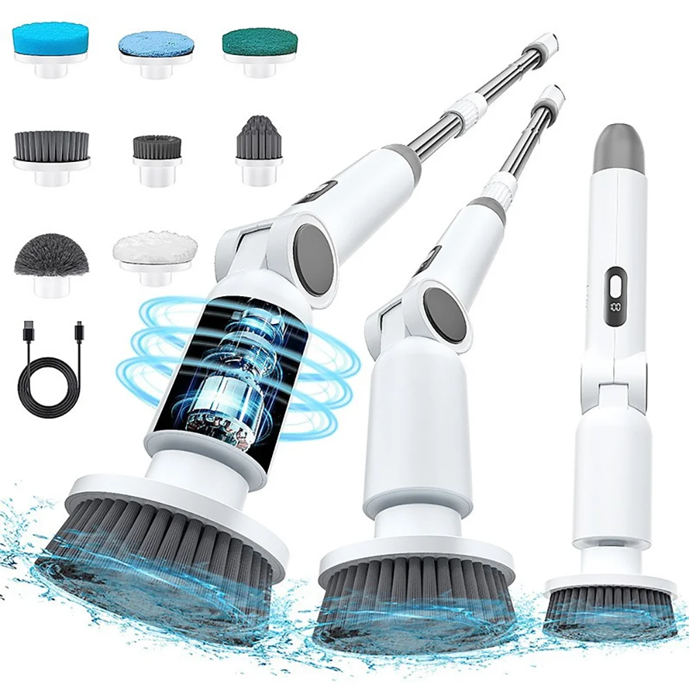 

2025 NEW 8-in-1 Electric Spin Scrubber Wireless Cleaning Brush IPX7 Waterproof Bathroom Scrubber Adjustable Extension Handle