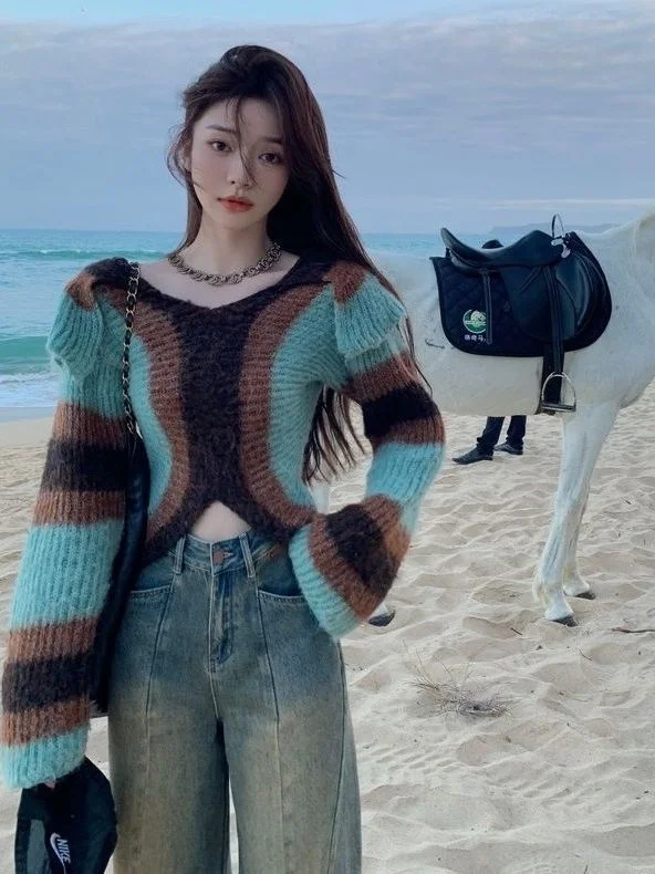 

Уникальный полосатый вязаный кардиган, женский весенне-осенний теплый верхний костюм Vaion Sle, круглый топ Ne Long Sve