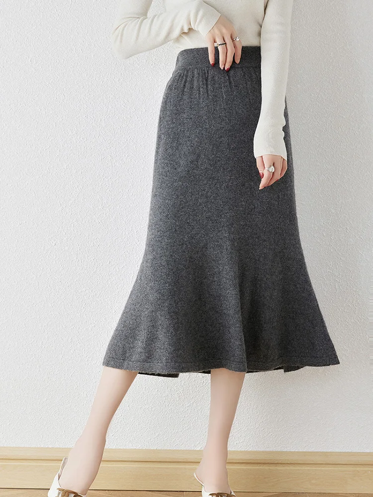 Women\'s Cashmere Mermaid Skirt, 100% Wool Sweater, Casual Knitted Fishtail Dress, Slim Monochromatic Skirt, Autumn and Winter Fa