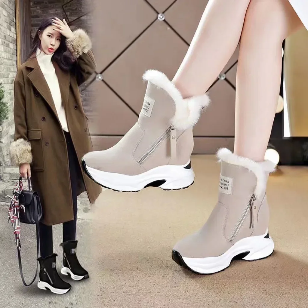 Womens Ankle Boots Warm Plus Fleece Thick Sole Winter Snow Boots Fashion Side Zipper Wedge Outdoor Sneakers Botas Mujer 2024