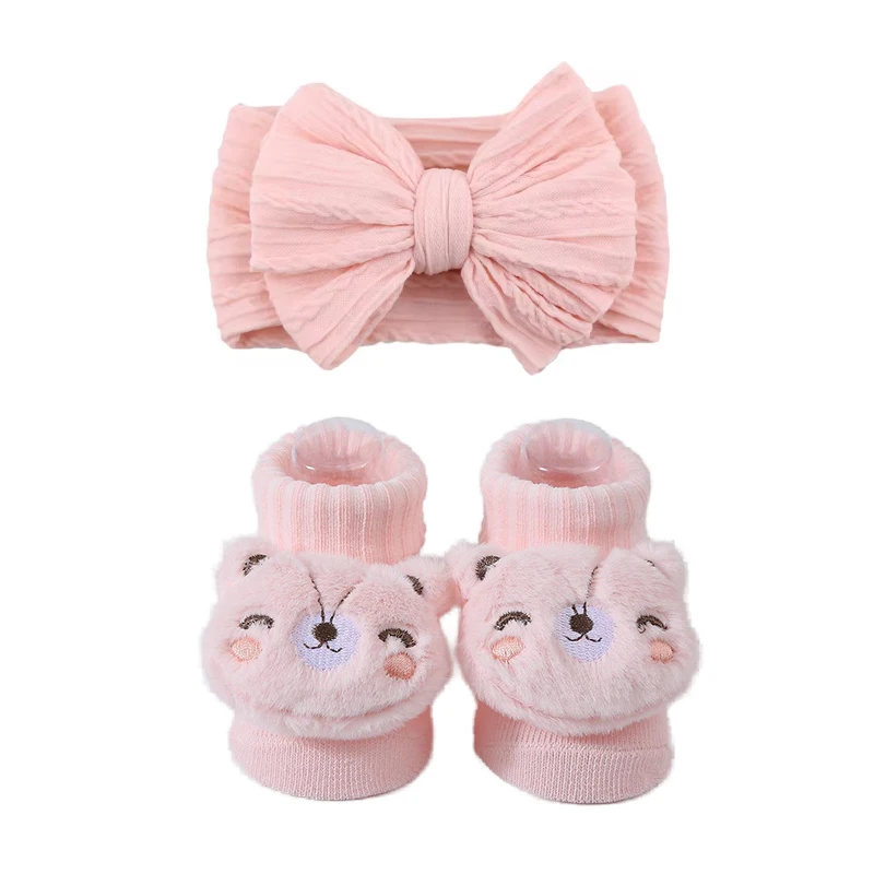 3Pcs Baby Bows Baby Cotton Socks Nylon Headbands Set Elastic Stretch Hair Bands Newborn Headbands Cartoon Short Sock Photo Props