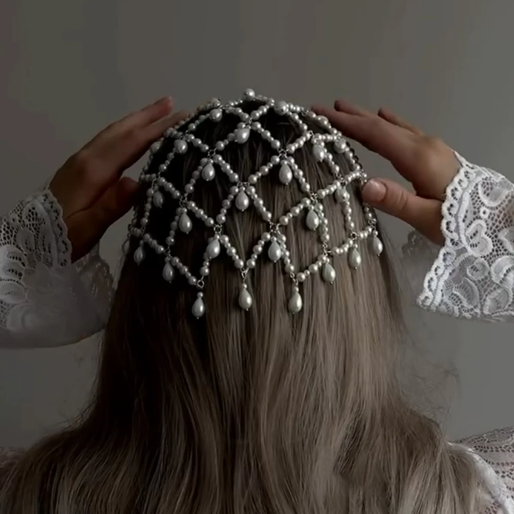 โบฮีเมียนตาข่ายเพิร์ลพู่หมวก Headwear งานแต่งงานอุปกรณ์เสริมผมหมวกวินเทจ 1920s ลูกปัด Head Chain Hairpiece สําหรับเจ้าสาว