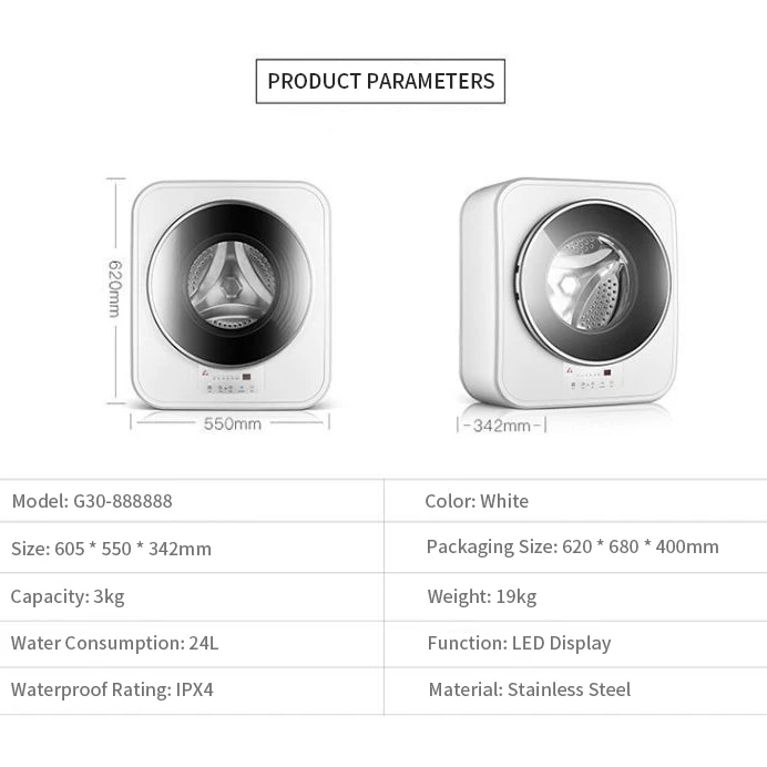 TYTXRV 3KG 220V Caravan Wall Mounted Washing Machine Mini Automatic Front Mounted Washing Machine