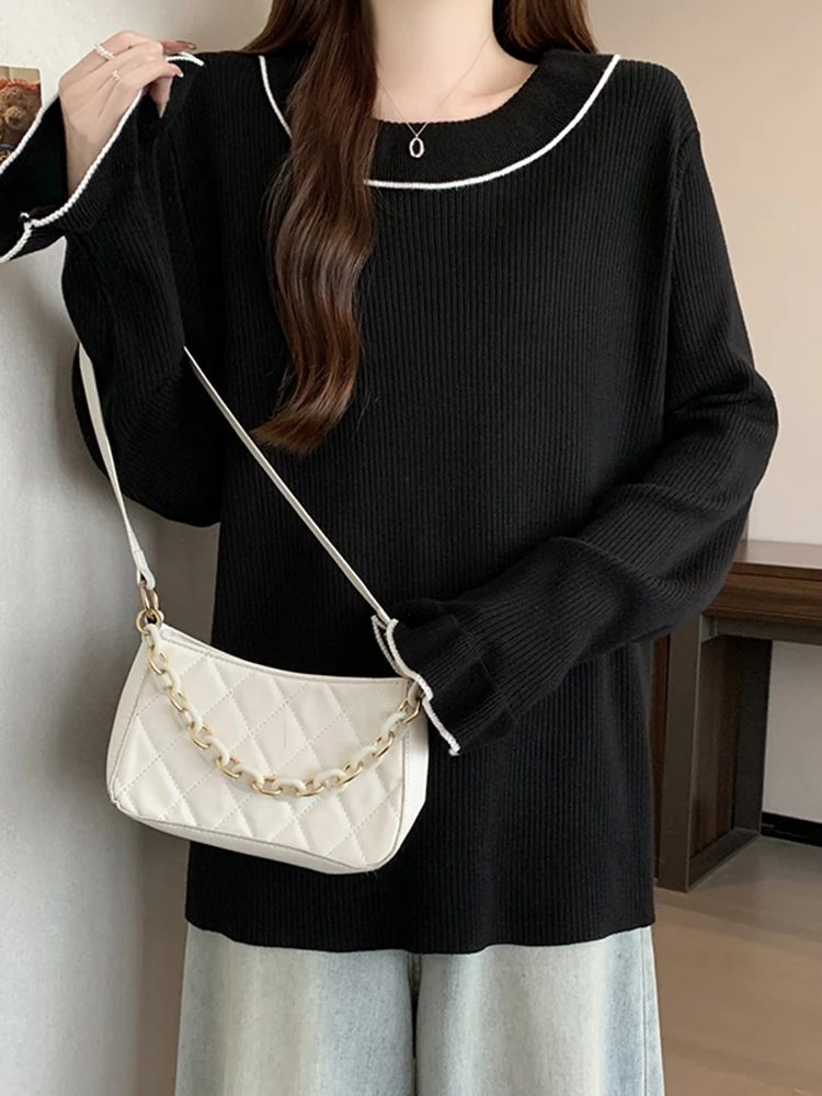 여성용 오버사이즈 라운드 넥 컬러 블록 니트웨어 겨울 신상품 롱 슬리브 다용도 편안한 스웨터