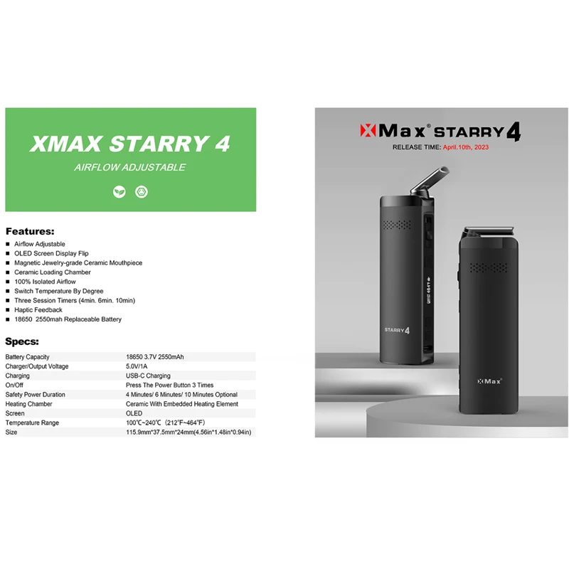 Original XMAX STARRY 4.0 Dry Herb Vaporiser Ceramic Heating Chamber Big OLED Screen 2550mAh Replaceable 18650 Vaporizer Vape