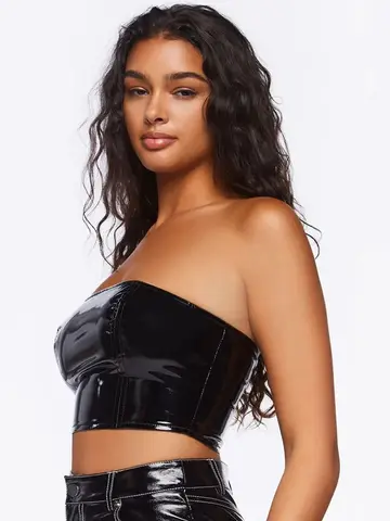 여성 가짜 라텍스 Strapless 지퍼 백 브래지어 자르기 탑 스플 라이스 Bralettes 신축성있는 비 패딩 튜브 탑 특허 가죽 PVC 조끼 맞춤