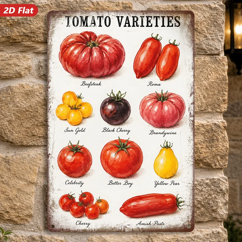 2D Flat, 1pc Vintage Tomato Chart Metal Sign Wall Art, Ideal for Kitchen Entryway Study, Tomato Varieties Title, Beefsteak Roma