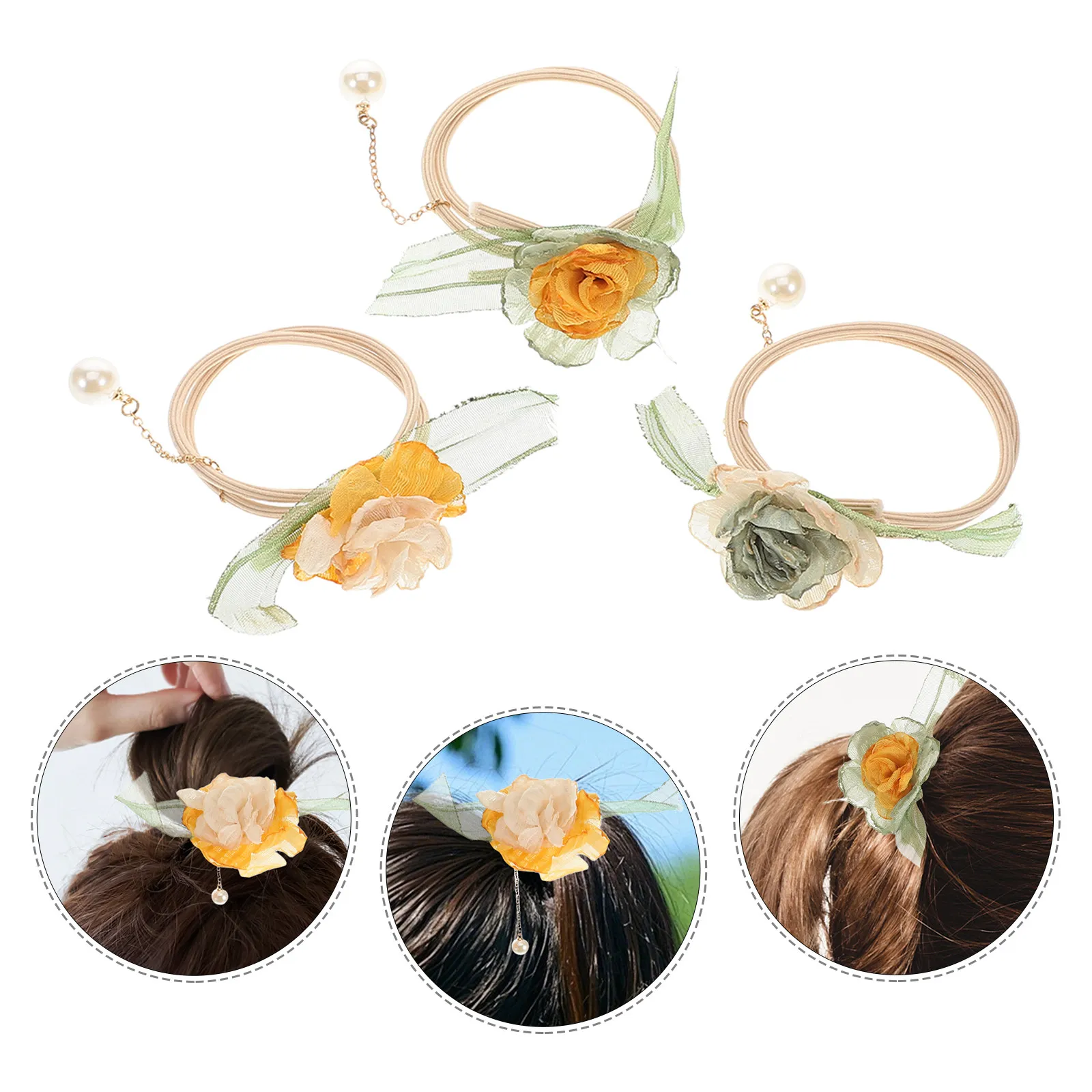 

3Pcs Elastic Hair Ties Floral Faux Pearl Tassels for Women Stretch Ponytail Holders Boho Bridal Hairbands Elastic Hair Rope