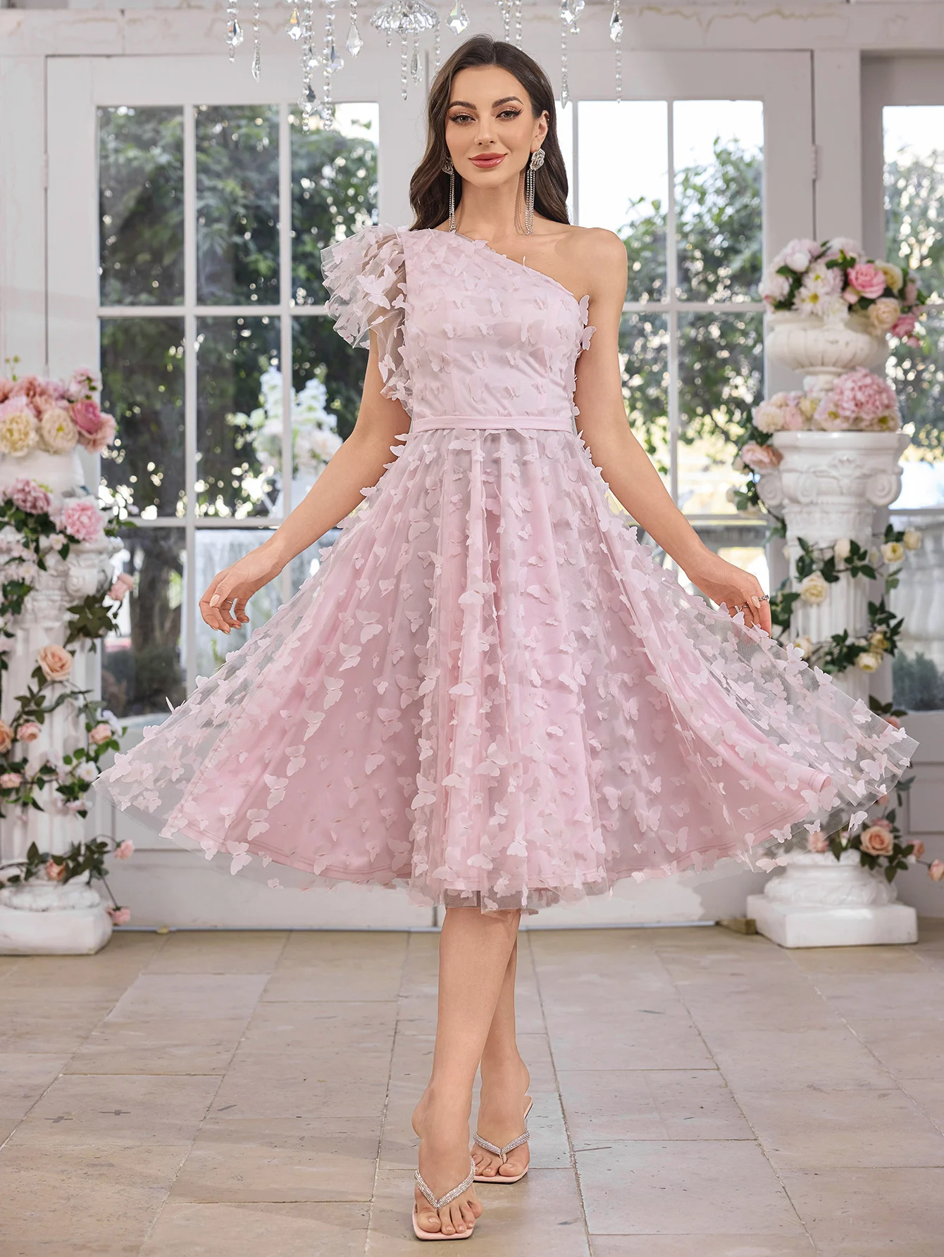 Sukienka druhna dla dziewczynek UNITHORSE z nieregularnymi rękawami, podkreślona w talii, z ozdobnym motylem, siateczkowa suknia wieczorowa na przyjęcie.