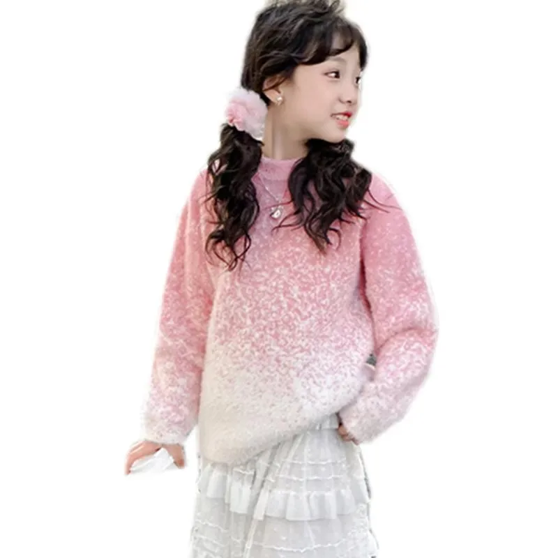 

Candy Color Girl Starry Sky Sweater Child Knit Clothes Pullover Outerwear For Teenager Kids Pink Gradient Sweater Knitwear 5-14T