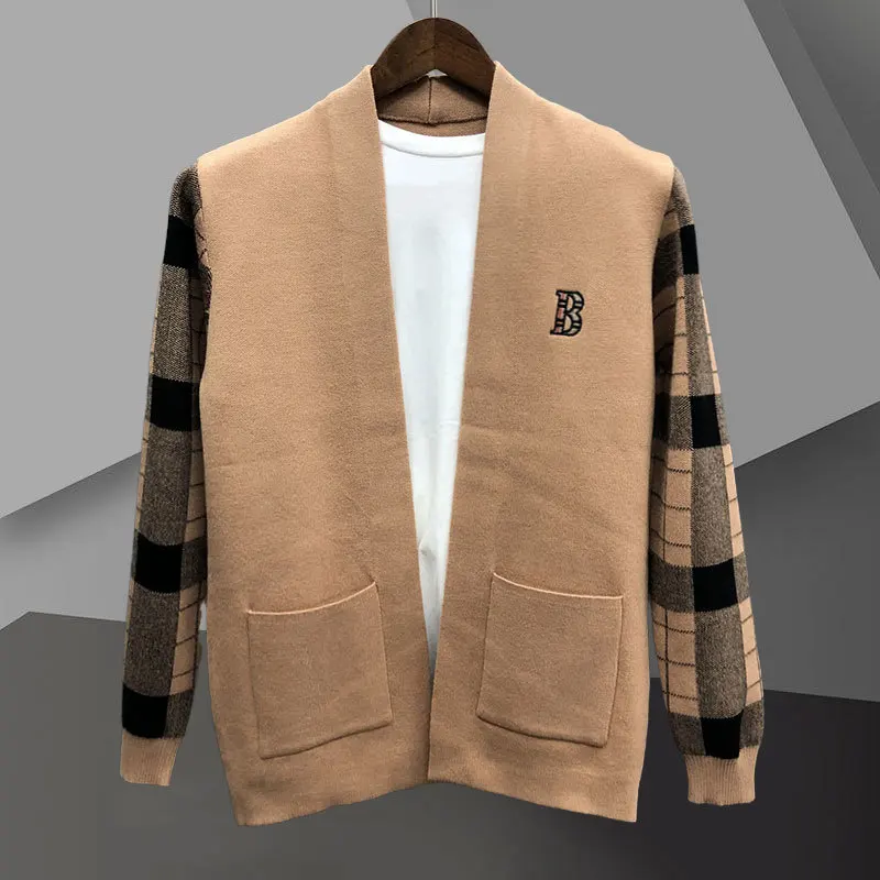 

Autumn Khaki Striped Contrast Patchwork Printing Cardigan Men Sweter Korean Sweater Coat Designer Knit Cardigan Jacket Sweater