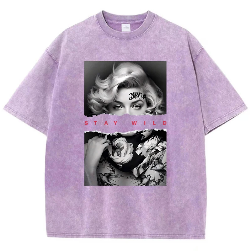 T-shirt lavata con stampa di poster di moda per donna T-shirt in cotone a maniche corte allentata casual con scollo a O Nuovo top oversize