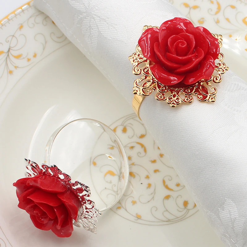 Red Resin Rose Flower Napkin Ring Hotel Wedding Decor Metal Napkins Buckle Festival Party Banquet Table Decoration Ring Holder