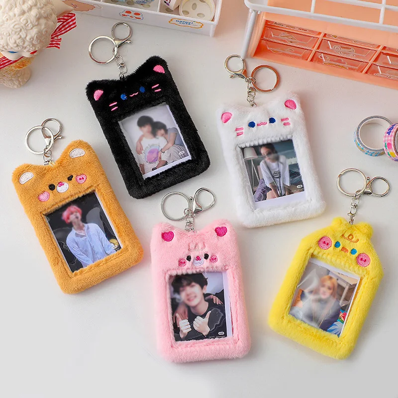 Cute Plush Photo Card Holder Cover Keychain Idol Photocard ID Credit Case Photo Sleeve Protector Case Animal Shape Cartoon