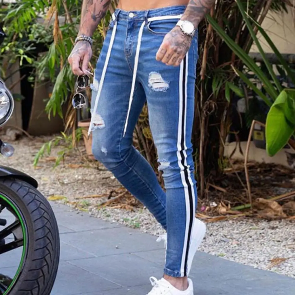 

Stripes for Jeans Bike Skinny Jeans Men Stretch Denim Trousers Elastic Waist Big Size European M-3XL Casual Sandbeach Men Pants