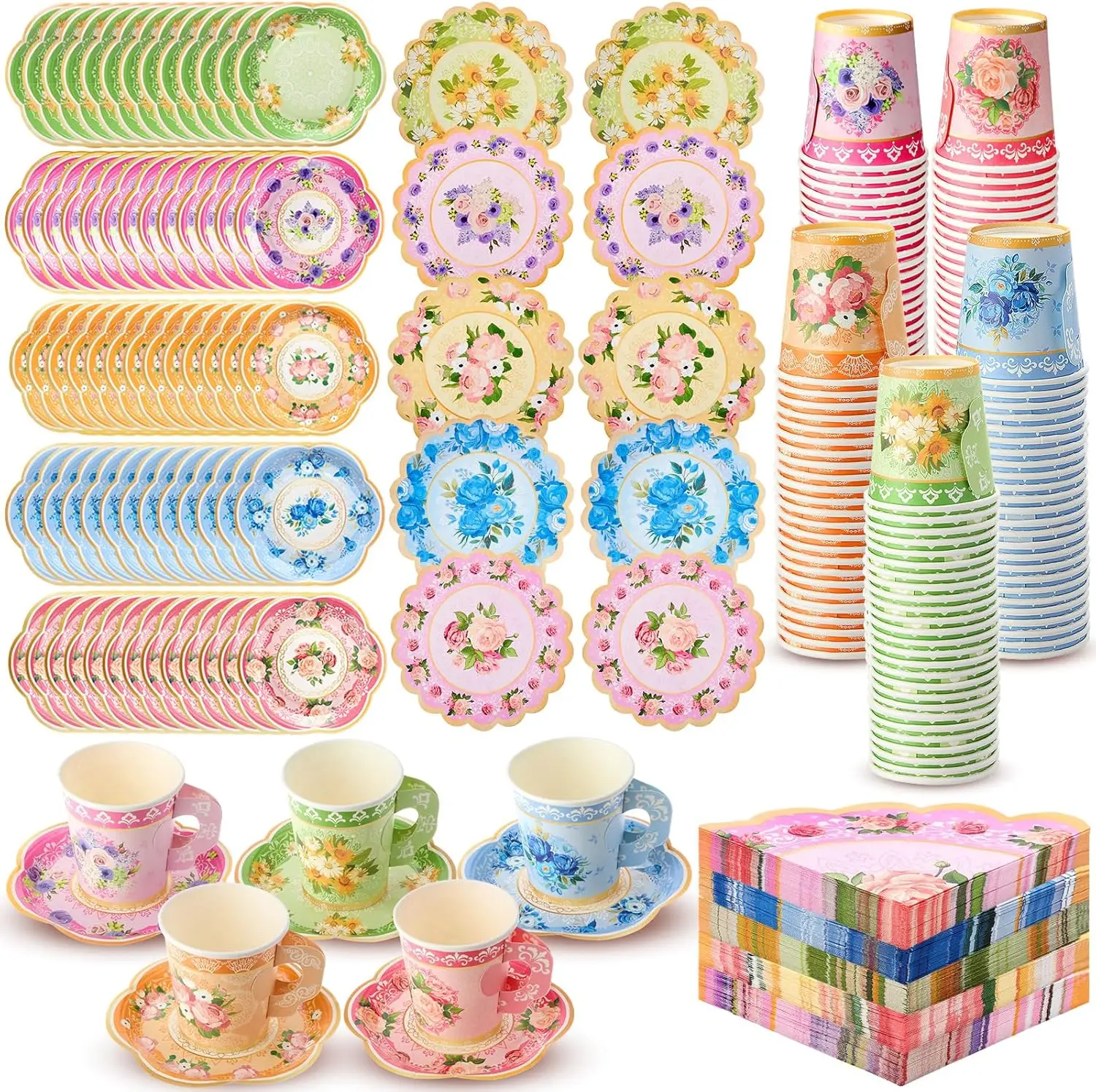 

300 Pcs Disposable Tea Party Supplies Vintage Floral Paper Tea Cups with Handle and Plates Napkins Tea Cup and Saucer Se