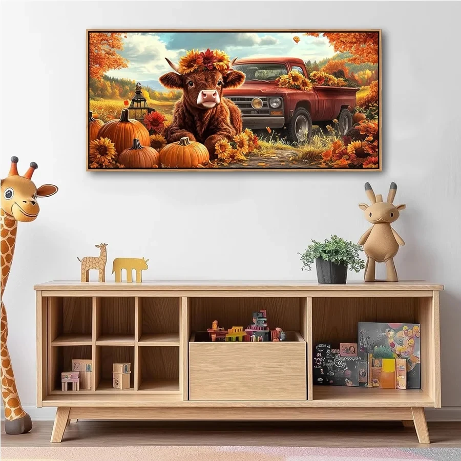 Truck Large Diamond Painting Pumpkin,Highland Cow Picture of Rhinestone 5D DIY Diamond Embroidery Mosaic Big Size Home Decor